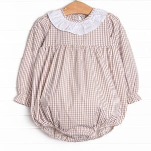 Brown Gingham Bubble Smocked One-Piece with White Ruffle Collar NWOT